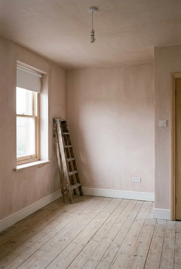 A room freshly skimmed, walls and ceiling, with bare boards and a wooden stepladder standing by the sash window