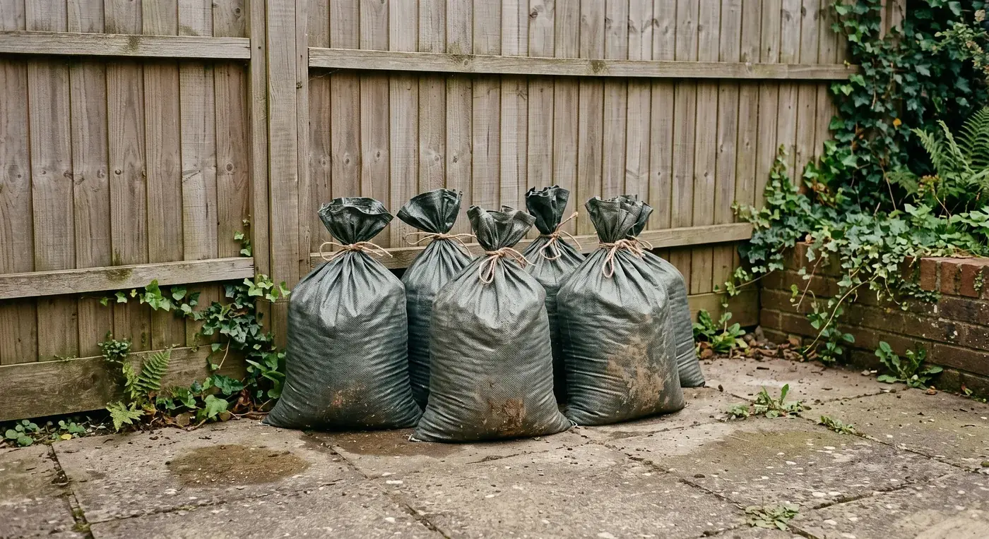 Rubble sacks tied and standing on the path by the garden fence