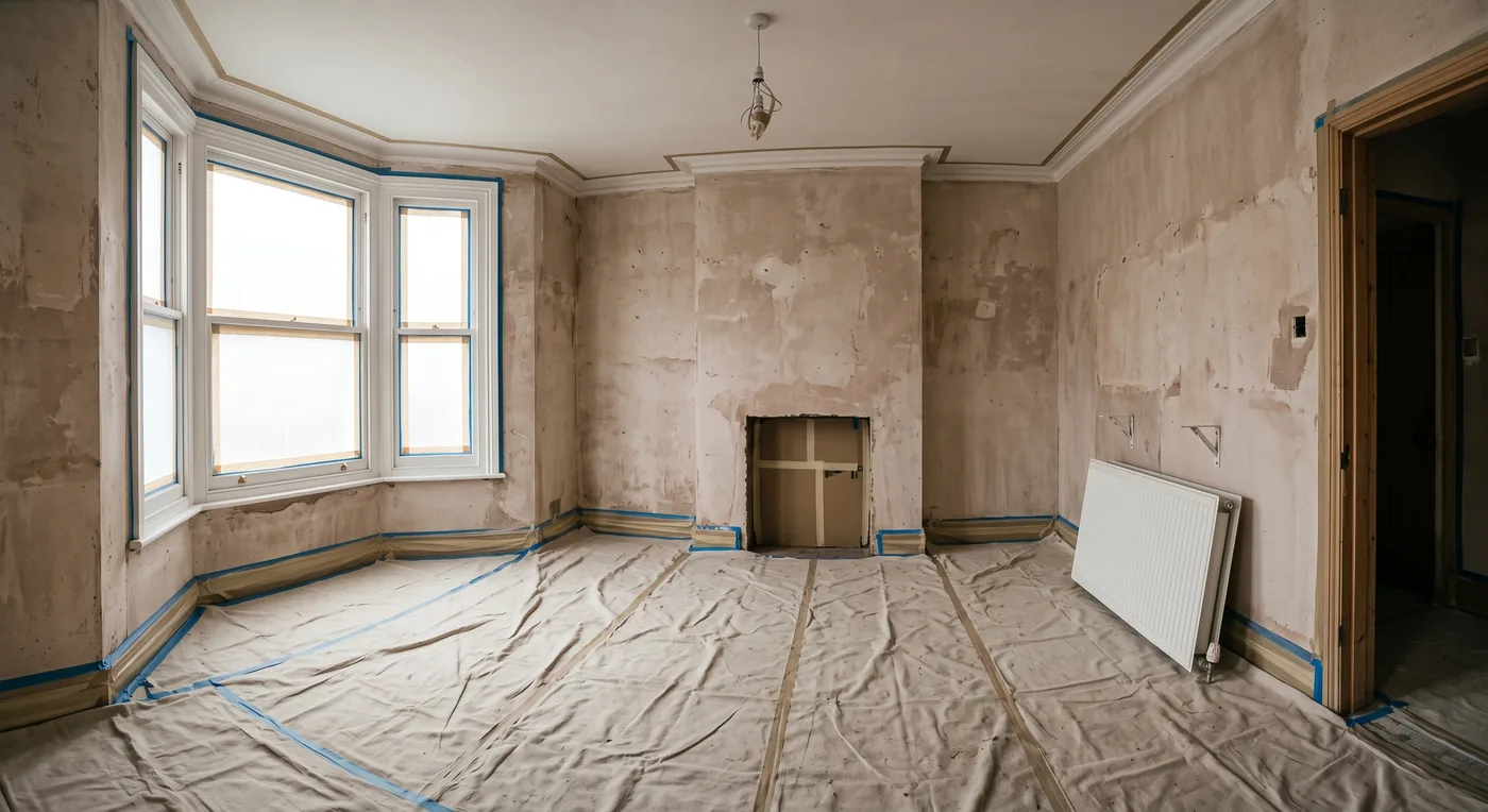 A room with the floor covered and the skirtings taped before the work starts