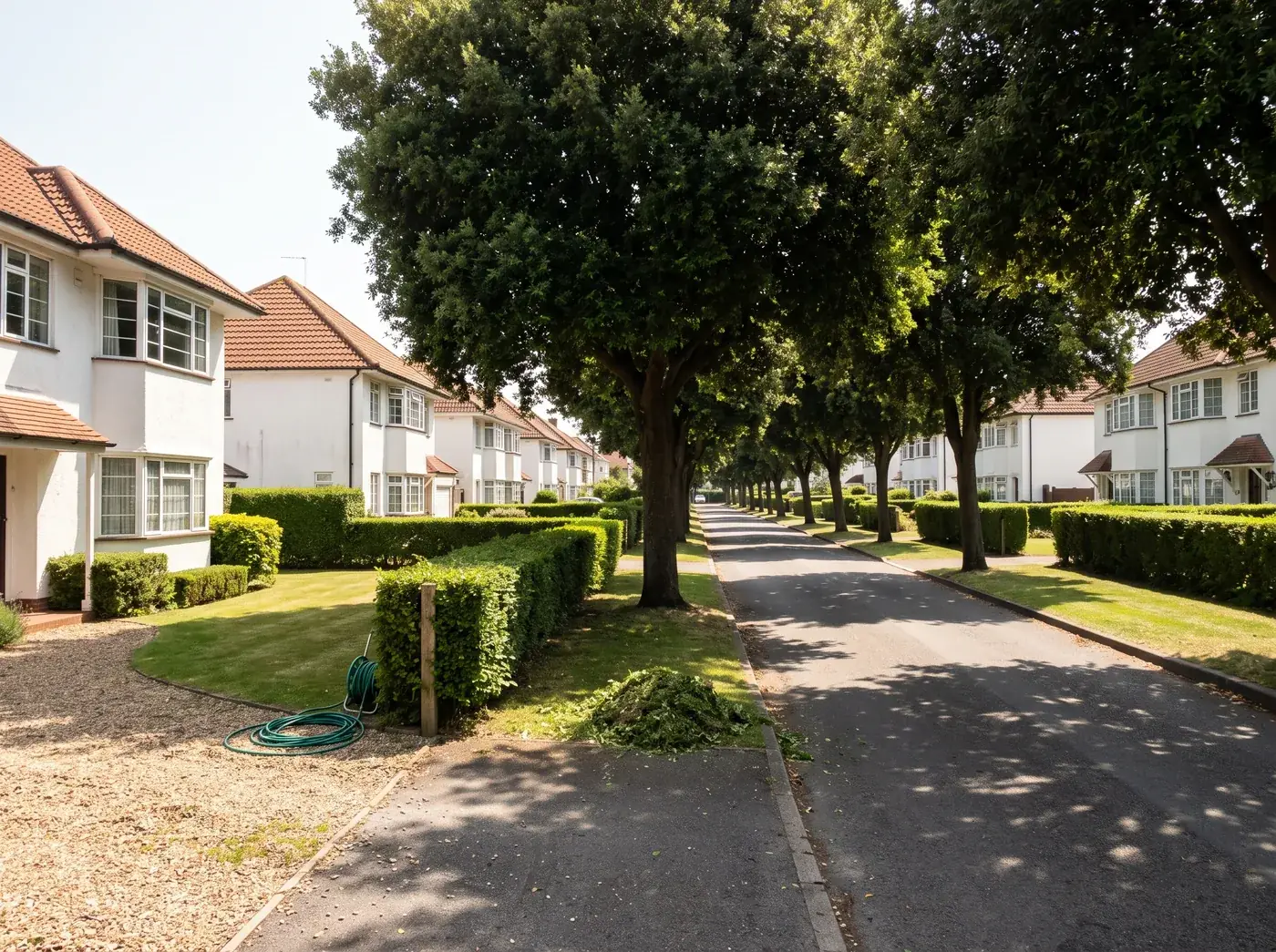 White rendered houses under red pantiles along a tree-lined avenue