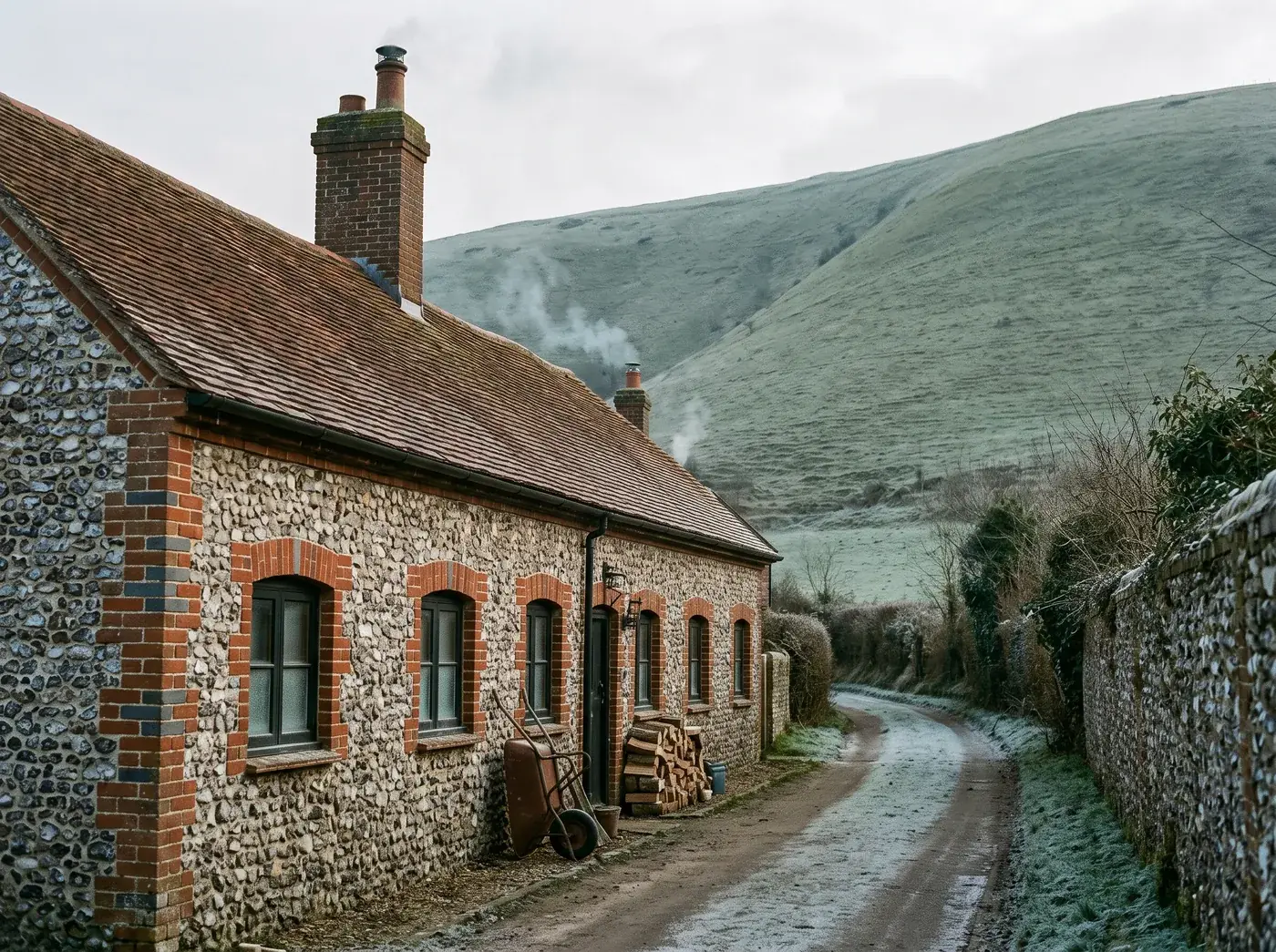 A flint and brick cottage in the fold of the downs